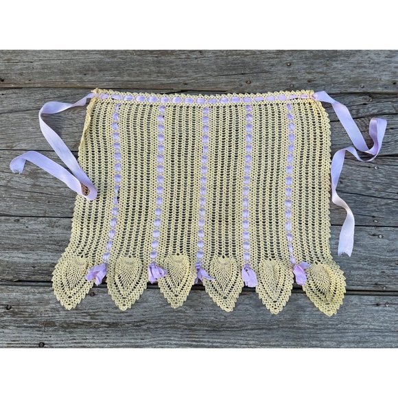 Vintage Yellow crochet Purple Ribbon Half apron - Picture 3 of 10